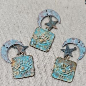 ⚡️NFS⚡️3 Sets- Rustic Boho Artisan Crescent Moon and Evil Eye Charms Pure Brass